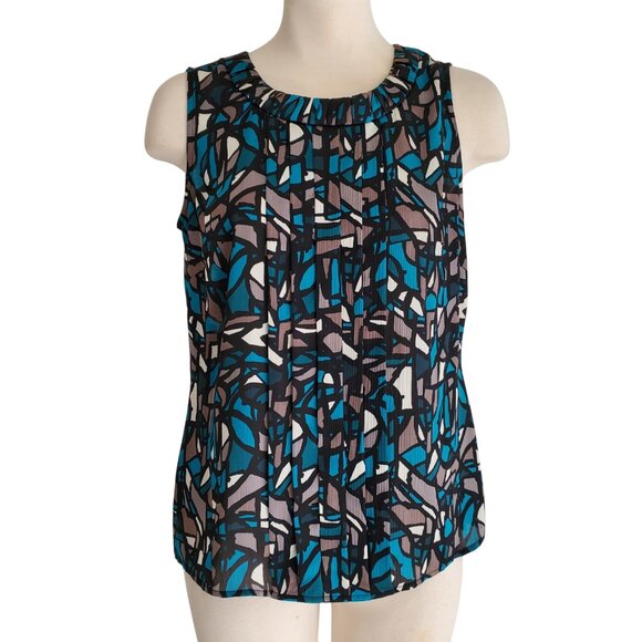Kasper Pleated Front Silky Feel Geo Print Turquoise Black Tan Sleeveless Blouse - Picture 1 of 13